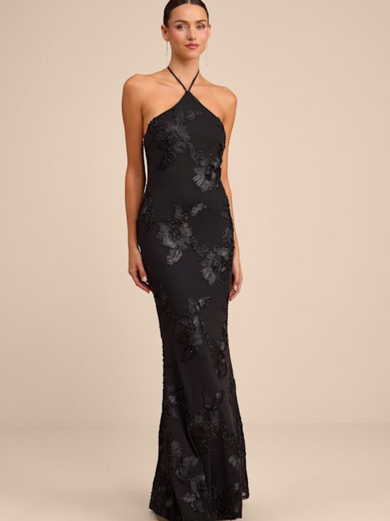 Lulus Dresses & Skirts - NEW Lulus Celyna Black Mesh Floral Applique Halter Mermaid Maxi Dress - Size M